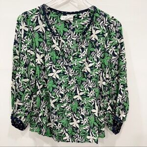 Velvet Graham & Spencer Green Blue Leaf Printed Blouse V-Neck